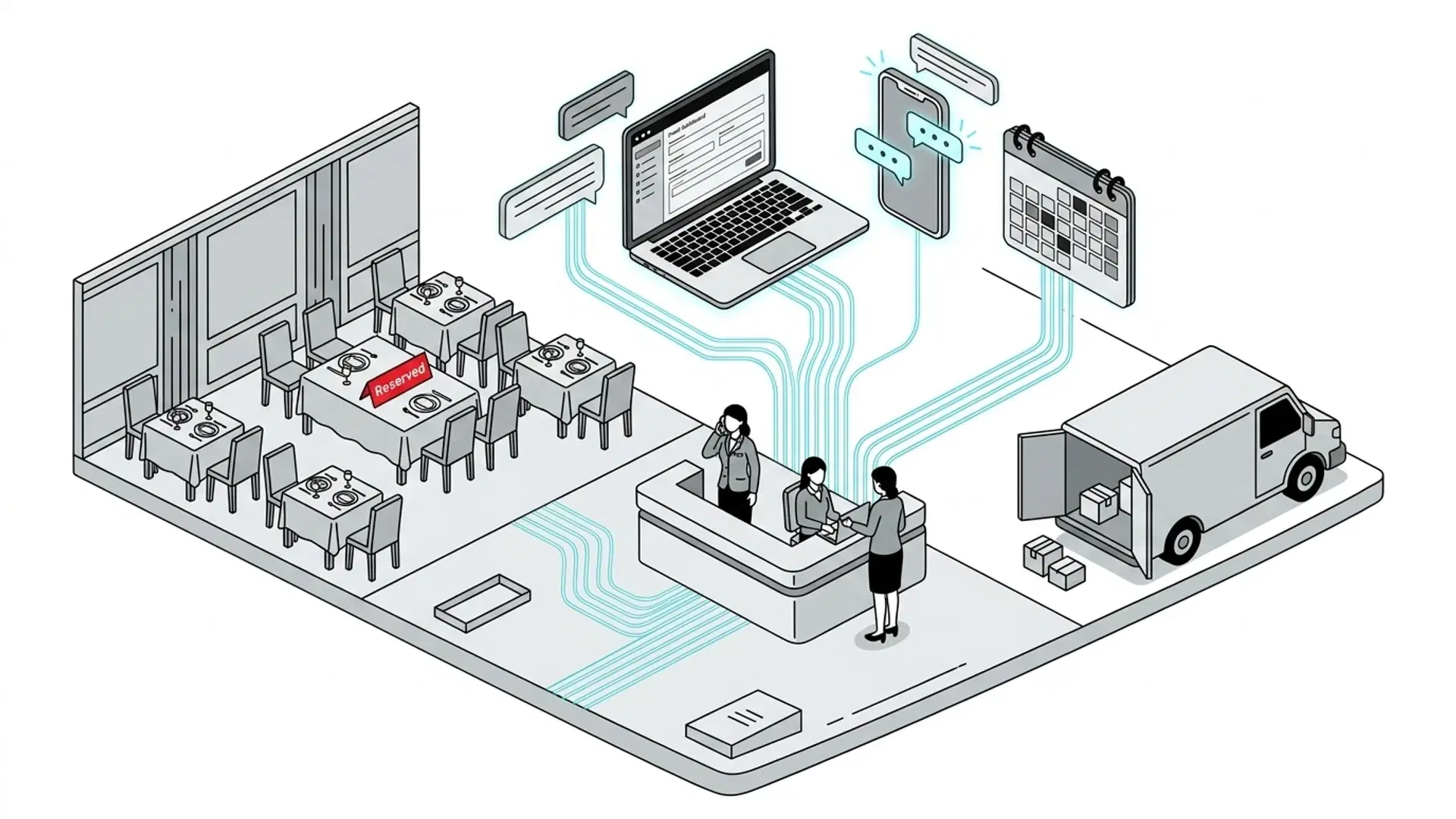 Illustration for "Best AI Sales Assistant for Restaurants (Private Events) 2026" highlighting We compared the 8 tools restaurants actually use in 2026 to handle private dinin...