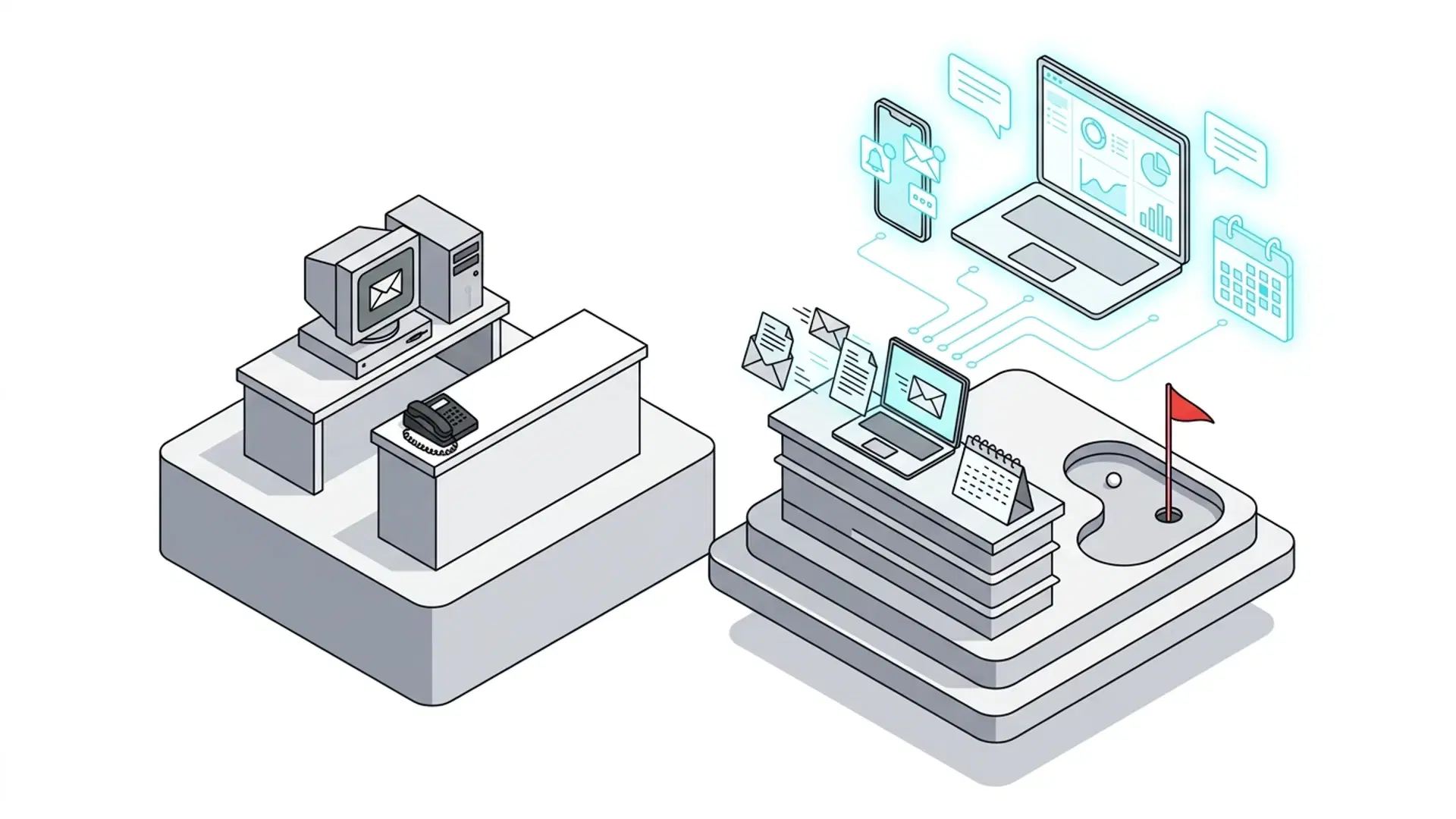 Illustration for "How Golf Clubs Use AI to Book More Tournaments & Corporate Outings" highlighting A corporate planner emails 6 golf clubs about a 72-player charity outing. Two re...