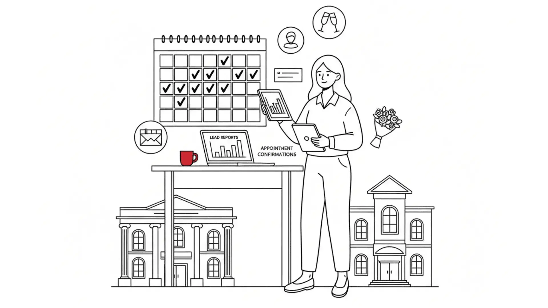 Illustration for "Wedding Venue Open House: Fill Your Calendar Fast" highlighting Your open house can generate dozens of qualified leads in a single day—but only...