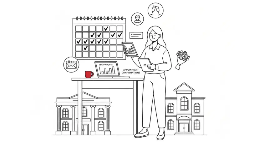 Illustration for "Wedding Venue Open House: Fill Your Calendar Fast" highlighting Your open house can generate dozens of qualified leads in a single day—but only...