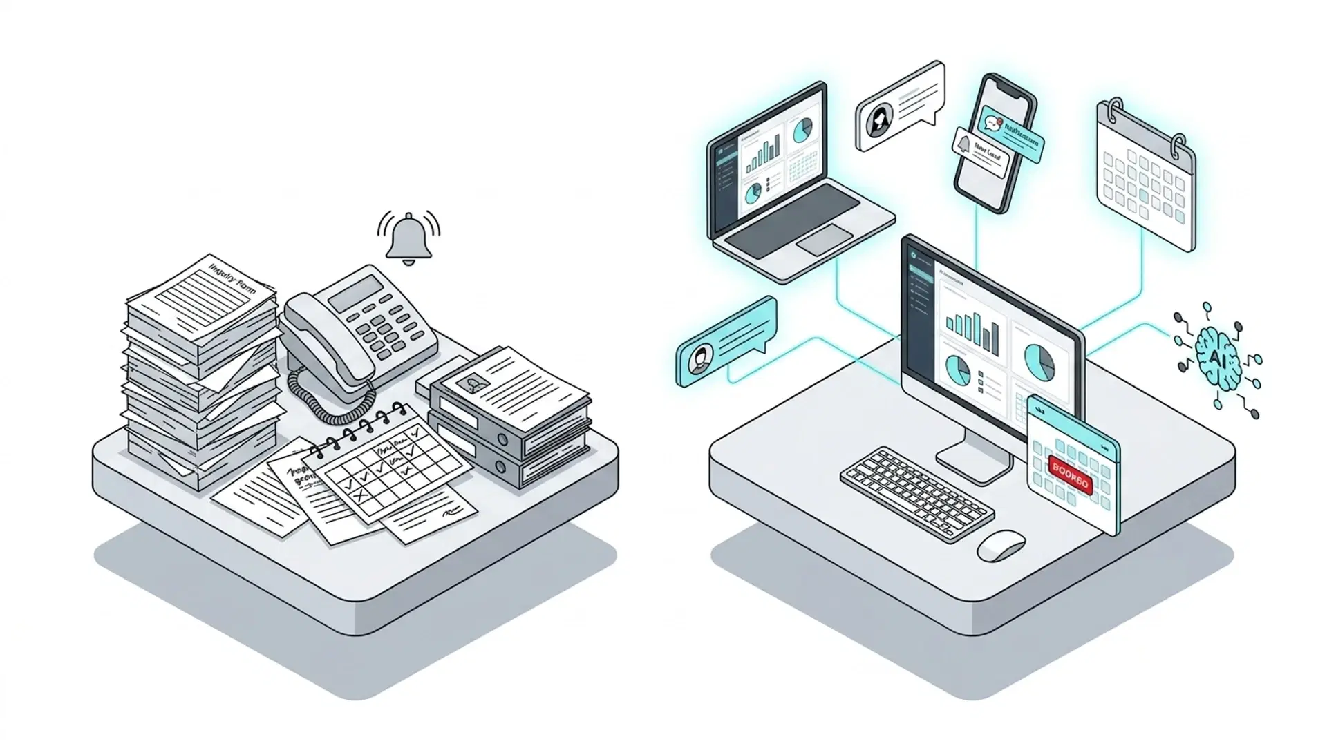 Illustration for "Best AI Sales Assistant for Hotels in 2026" highlighting 8 features hotel group sales teams should look for in an AI Sales Assistant, the...