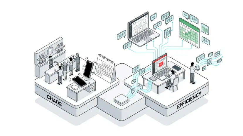 Illustration for "Brewery & Distillery Tour Bookings: AI That Handles Every Inquiry" highlighting Your taproom host is pouring flights for 30 visitors while the phone rings with...