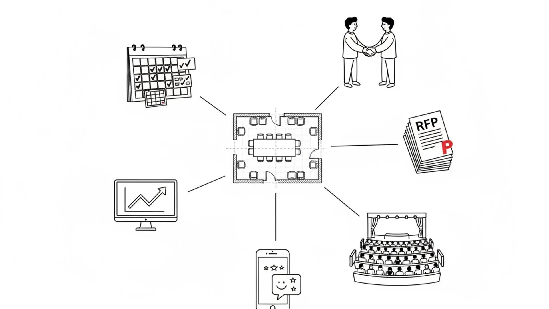 Illustration for "How Conference Centers Use AI to Fill More Rooms & Win RFPs" highlighting Your 15 meeting rooms can host 30+ events per week. Every empty room-hour is rev...