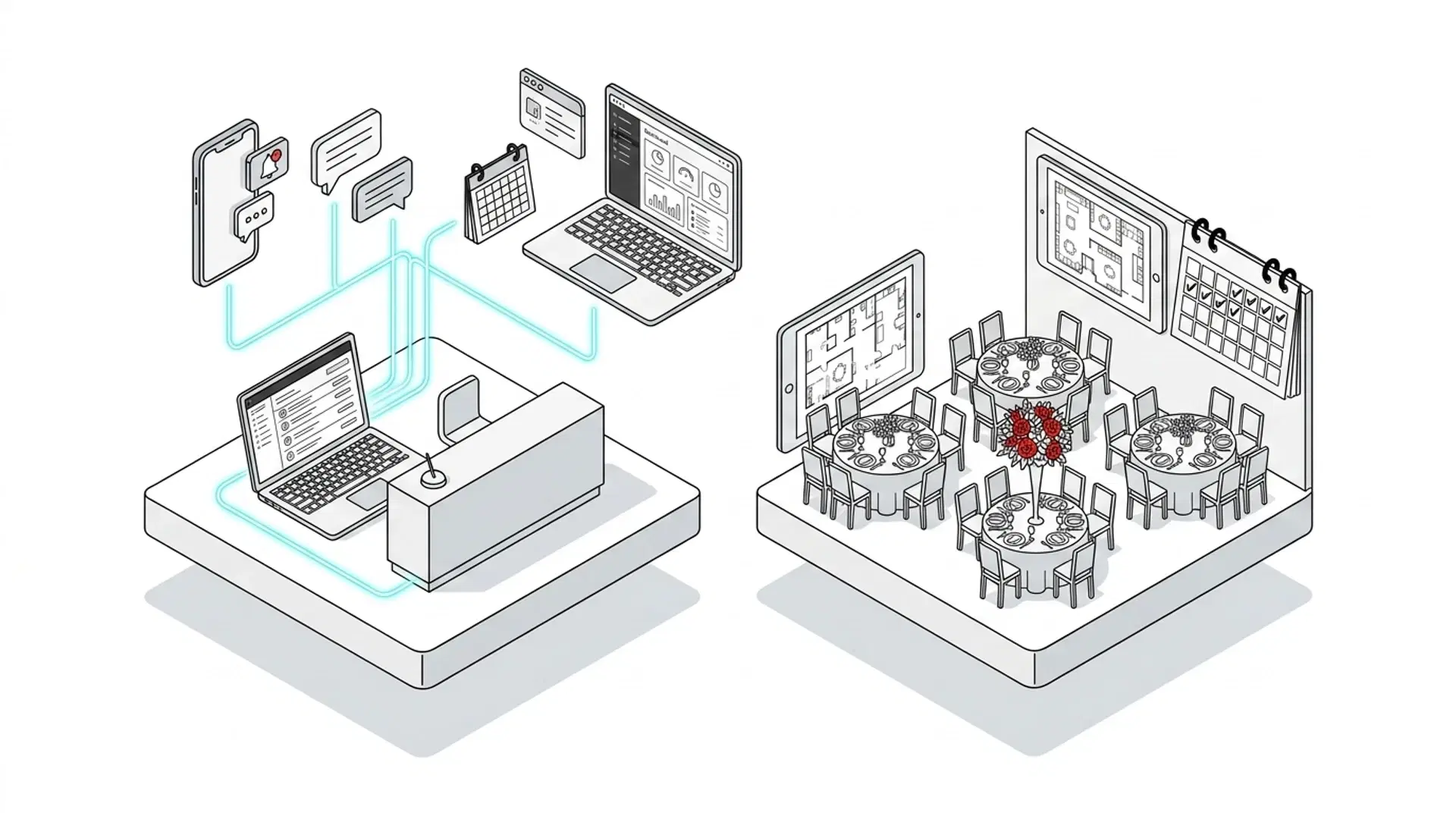 Illustration for "Mikla vs Tripleseat: Which Is Right for Your Venue?" highlighting Tripleseat manages and executes booked events. Mikla converts the inquiry before...