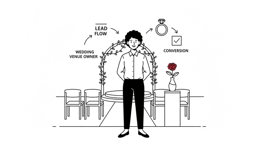 Illustration for "Wedding Venue Competition: Win More Leads in 2024" highlighting While your competitors lose 85% of missed calls and take 42 hours to respond to...