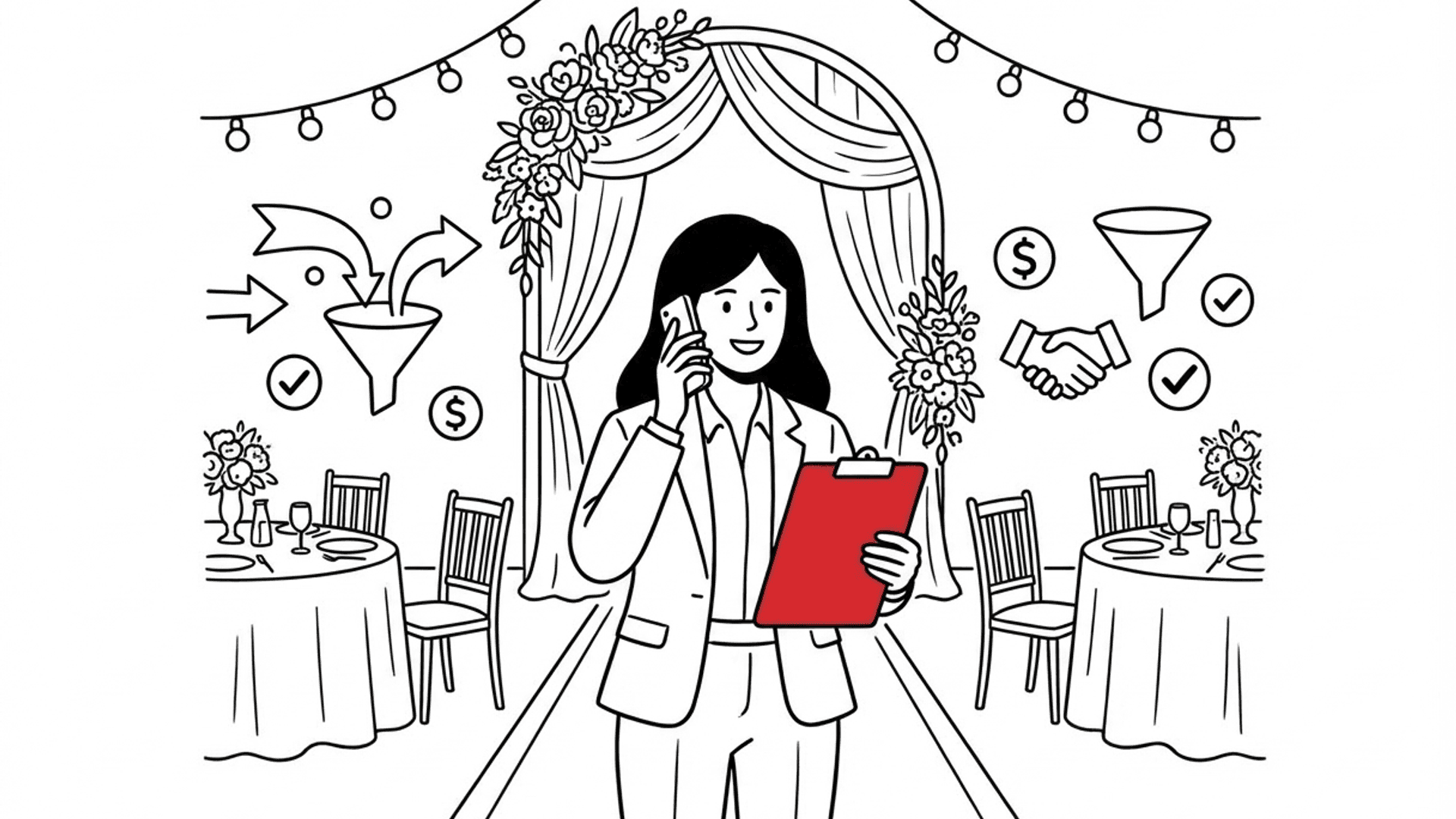 Illustration for "Wedding Venue Marketing: Stop Wasting Budget on Leads You Never Answer" highlighting Leads from your website, The Knot, WeddingWire, and calls sit unanswered for hou...
