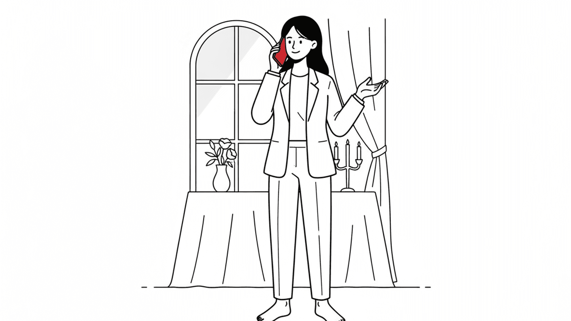 Wedding coordinator confidently managing calls in a beautiful venue space, illustrating the efficiency of AI-powered lead management for wedding venues