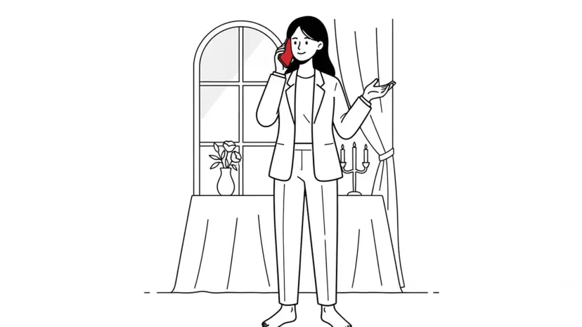 Wedding coordinator confidently managing calls in a beautiful venue space, illustrating the efficiency of AI-powered lead management for wedding venues